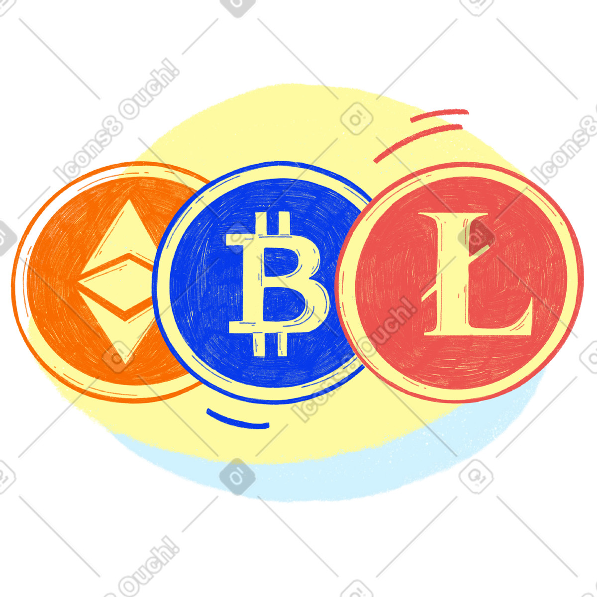 Ilustración Different cryptocurrency coins en estilo Biro a descargar en PNG y SVG