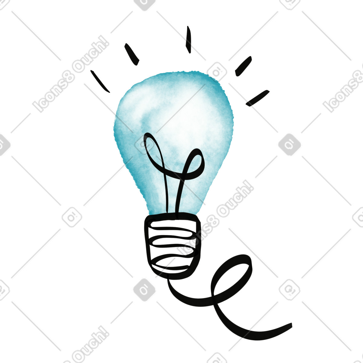 Illustration Light bulb watercolor glow with doodle filament and curved cord dans le style sketch à télécharger aux formats PNG, SVG