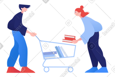 Couple putting books in shopping cart PNG, SVG