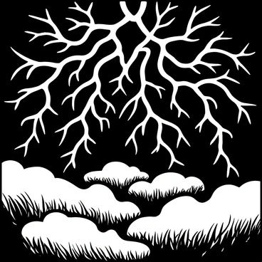 Fractal patterns of "lightning bolts" branching out in a "stormy sky" filled with swirling "clouds" and "darkness." The "lightning" strikes create intricate, jagged lines, with varying lengths and angles, while the "clouds" are dense and turbulent, adding to the dramatic atmosphere. The scene captures the dynamic interaction between the "lightning" and the "clouds," enhancing the visual complexity of the natural phenomenon.