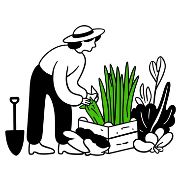 A gardener with a straw hat bending down to collect ripe asparagus from a bed of tall green stalks. The vegetable garden features various leafy plants and a small wooden crate filled with freshly harvested asparagus nearby. Sunlight filters through the foliage, casting shadows on the ground. A trowel rests on the soil beside the gardener, indicating ongoing work in the garden.
