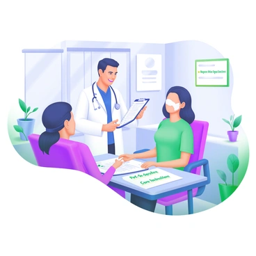 A doctor standing beside a patient in a consultation room, explaining post-operative care instructions for rhinoplasty. The doctor is wearing a white lab coat and has a friendly expression, while holding a clipboard with notes. The patient, a person with a bandage on their nose, is seated and listening attentively. On the table between them, there is a pamphlet titled "Post-Operative Care Instructions" with bullet points visible. The room has soft lighting and a calming atmosphere, with a potted plant and medical charts on the walls.