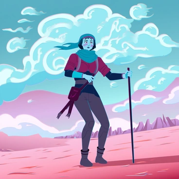 A lone traveler with weathered skin and tattered clothing is struggling against the fierce winds of a sandstorm. Their face is partially obscured by a scarf, with only their determined eyes visible. The sky above is filled with swirling clouds of dust and sand, creating a chaotic backdrop. The traveler holds onto a sturdy walking stick, digging their feet into the shifting sands to maintain balance. The vast desert stretches endlessly in the background, dotted with sparse, rugged terrain. The sunlight breaks through the storm, casting an eerie glow on the tumultuous landscape.