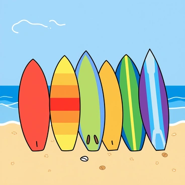 A row of surfboards standing upright on a sandy beach, each adorned with vibrant rainbow stripes in various colors. The surfboards vary in size and shape, some with pointed noses and others more rounded. The sandy beach is light beige, dotted with small seashells scattered across the surface. In the background, gentle waves lap at the shore, glistening in the sunlight. A few wispy clouds float in the blue sky overhead, completing the lively scene.