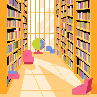 A library with towering wooden bookshelves that stretch toward the ceiling, filled with colorful books of various sizes and shapes. The shelves create a maze-like structure, with narrow pathways between them. A large globe sits in one corner, and several cozy reading nooks with soft chairs are scattered throughout. Warm, inviting light filters in from large windows, casting shadows on the polished wooden floor.