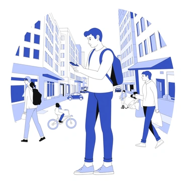 A person is standing on a busy city street. They are holding a smartphone in one hand, looking at the screen intently. The individual is wearing casual clothing, with a backpack slung over one shoulder. Around them, various pedestrians are walking briskly, some carrying shopping bags. In the background, there are tall buildings with windows reflecting the hustle of the city. Cars are passing by on the street, and a bicycle rider navigates through the crowd. The person appears focused on their phone, oblivious to the bustling activity happening around them.