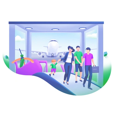 Passengers excitedly walking through a jet bridge towards an awaiting airplane