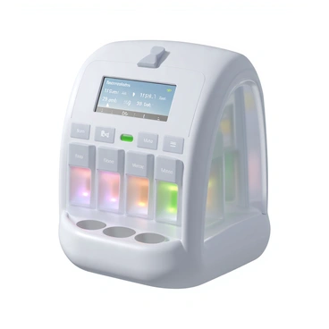 A futuristic smart pill dispenser made of sleek, transparent plastic with a holographic interface. The dispenser features various compartments for different medications, each labeled clearly. Bright LED lights illuminate the exterior, changing colors to indicate when to take each medication. The device has a small touch screen displaying the user's medication schedule and reminders. The overall design is compact and modern, suitable for a bedside table or kitchen counter.