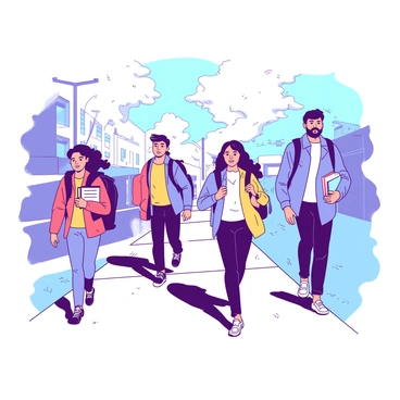 A group of students is walking briskly along a pathway on campus, surrounded by soft, white mist from the early morning. The students are carrying backpacks and books, with a few wearing colorful jackets. Sunlight filters through the trees, casting a gentle glow on the scene. In the background, there are buildings partially obscured by the mist, adding to the atmosphere of a busy morning on campus. The expressions of determination and focus can be seen on the students' faces as they move towards their classes.