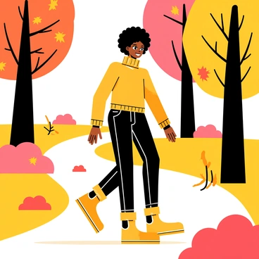 A black woman wearing a warm, cozy sweater and stylish boots is walking along a winding path in a park. The ground is covered with vibrant orange, red, and yellow autumn leaves. Towering trees with a mix of colorful foliage line the path, their branches creating a natural canopy overhead. The woman has a joyful expression as she strolls, with her hair styled in a curly afro that stands out against the backdrop of fall colors.