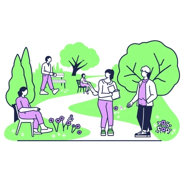 A garden scene at a sanitarium is depicted, showcasing several patients walking along meandering pathways. The garden is filled with various types of trees, including tall ones providing shade and shorter ones with vibrant leaves. Along the pathways, there are benches positioned for relaxation. Patients of different ages are seen interacting with each other; some are engaged in light conversation while others are leisurely strolling. In one area, a patient is sitting on a bench with a book in their hands, enjoying the tranquility of the surroundings. The atmosphere is calm and inviting, with flowers blooming in patches throughout the garden space.