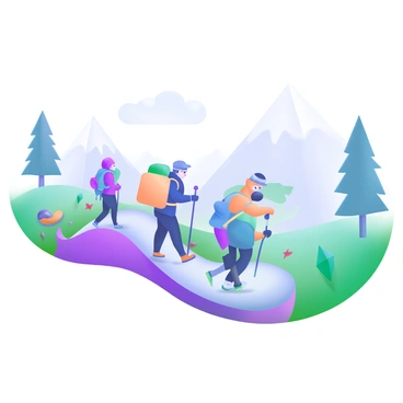 A group of hikers is trekking along a winding trail, dressed in warm gear that includes colorful jackets, hats, and gloves. They are walking closely together, their breath visible in the chilly air. Surrounding them is a thick, cold mist that envelops the landscape in a soft haze. The ground is covered with fallen leaves and small rocks, and the trees on either side of the trail are partially obscured by the mist, adding a sense of depth to the scene. The hikers carry backpacks and some hold walking poles as they navigate the trail.