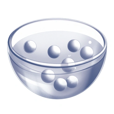 Delicate caviar pearls are suspended in a crystal clear bowl filled with water. The bowl has smooth, curved edges, reflecting the light around it. The caviar pearls are glistening and round, varying slightly in size, creating a captivating visual pattern as they float. The water surface is calm, maintaining a glassy appearance that enhances the transparency of the bowl. Tiny air bubbles can be seen rising gently around the pearls, adding a dynamic element to the tranquil scene.