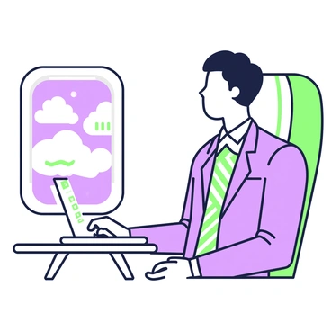 A professional with short hair is seated next to the window of an airplane. He is wearing a tailored suit with a crisp white shirt and a patterned tie. The airplane seat is equipped with a small foldable table in front of him, on which a laptop is open, displaying graphs and charts. The professional gazes out the window at the clouds below, with a focused expression. Soft cabin lighting illuminates his face, and the airplane's interior features light-colored accents along the edges of the seats.