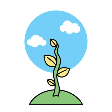 A tall, green beanstalk, spiraling upwards, stands prominently on a smooth, green hill. The beanstalk has large, vibrant leaves extending from its sides. Above, the sky is clear and blue, with a few fluffy white clouds scattered throughout. The hill features gentle slopes, enhancing the prominence of the beanstalk against the serene backdrop.