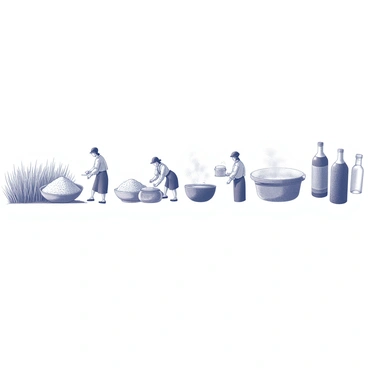 A series of detailed illustrations depicting the sake-making process. The first image shows a field of rice, with stalks bending under the weight of ripe grains ready for harvest. The next illustration features workers in traditional attire, hand-harvesting the rice and placing it into baskets. Following this, an image illustrates the steaming of the rice, with steam billowing from large containers. Another illustration shows the koji mold being sprinkled over the steamed rice, with close-up details of the grains. The next scene depicts fermentation in large tanks, with bubbles rising, and the atmosphere filled with a sense of transformation. Finally, there’s an illustration of the bottling process, showcasing clear glass bottles being filled, capped, and labelled, ready for distribution. Each step is intricately detailed to reflect the craftsmanship involved in sake production.