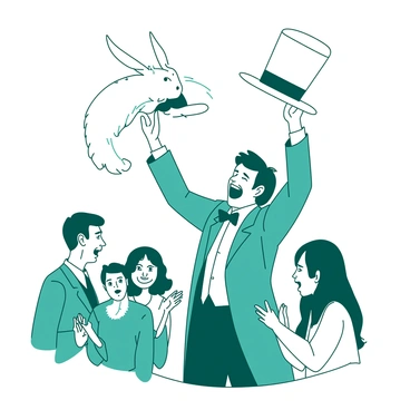 A magician in a teal tuxedo raises a white top hat high above his head, his other hand gesturing dramatically as he pulls a fluffy white rabbit from inside the hat. The rabbit has its ears perked up, looking surprised as it emerges. The magician's face shows a look of excitement, with a big smile and sparkling eyes. Around them, a small crowd of onlookers watches in amazement, with some gasping and others clapping. The scene captures the magic and wonder of the moment.