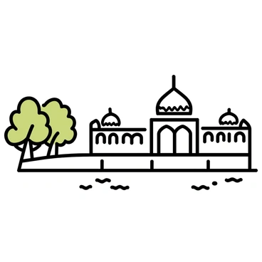 A view of a section of Mughal architecture alongside the Ganges River. The scene features intricate domes and arches, showcasing their detailed designs. The domes are prominently displayed with ornate patterns, while the arches create a sense of depth and symmetry. The river reflects the architectural elements, enhancing the visual connection between the structures and the water. Surrounding the area, there are lush green trees that add contrast to the architecture.