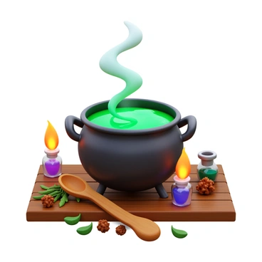 A witch's cauldron made of dark iron, positioned on a rustic wooden table. The cauldron is bubbling energetically, releasing wisps of steam that twist into the air. Inside the cauldron, a bright green potion glimmers with an iridescent sheen, reflecting light in various shades of emerald and jade. Surrounding the cauldron are scattered dried herbs, crystal vials filled with colorful liquids, and a wooden spoon coated in potion residue. A few flickering candles provide a soft glow, casting shadows that dance around the scene.
