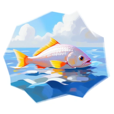 A sunfish gliding gracefully on the surface of gentle ocean waves. The fish has a rounded body with a distinctive flattened shape, displaying its textured skin shimmer in the sunlight. The ocean is a clear blue with soft, rolling waves that reflect the bright sunlight. Above, a clear blue sky stretches infinitely, with a few fluffy white clouds dotting the horizon. The overall scene conveys a peaceful marine environment under the warmth of a sunny day.