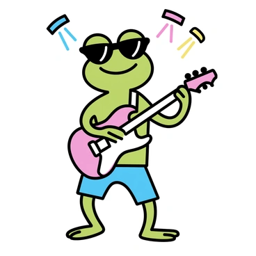 A cartoon frog with bright green skin is wearing black sunglasses. The frog is standing on a stage, confidently holding an electric guitar, which has a shiny red body and a white pickguard. The frog's limbs are slightly outstretched as it plays the guitar, showcasing a joyful expression. The stage has a few colorful spotlights shining down, creating a fun atmosphere around the frog.