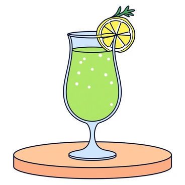 A tall, elegant cocktail glass filled with a vibrant green drink. The drink has a sparkling appearance, with tiny bubbles, and a bright slice of lime resting on the rim. A fresh sprig of thyme is gently placed on top as a garnish, adding a touch of herbal contrast. The glass sits on a smooth wooden table, complementing the drink's lively colors.
