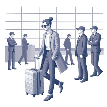 A celebrity is walking through an airport terminal. They are dressed in a stylish outfit, featuring a tailored coat, fitted trousers, and fashionable shoes. In one hand, they are pulling a sleek piece of luggage with wheels, while the other hand is adjusting sunglasses perched on their face. Several security personnel are positioned nearby, scanning the area and keeping watch, dressed in smart uniforms. The terminal is bustling with travelers and has large windows allowing natural light to fill the space.