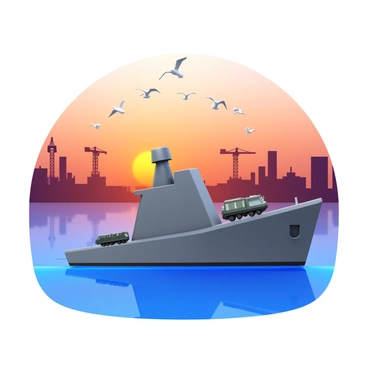A large military ship with a gray hull and various military vehicles on its deck is approaching a harbor. The ship is moving towards the shoreline, where there are silhouettes of cranes and buildings. The sky is painted in shades of orange and purple as the sun sets on the horizon. Reflections of the colorful sky can be seen on the water's surface. Seagulls can be seen flying above the ship, adding to the scene.