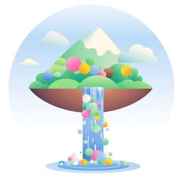 A large floating island is suspended in a clear blue sky, surrounded by fluffy white clouds. The island features lush green vegetation, including vibrant flowers with various colors. At the edge of the island, there is a cascading waterfall that flows downward, but instead of water, it streams an array of colorful ampoules, glistening in the sunlight. The ampoules reflect shades of blue, green, and yellow as they fall, creating a mesmerizing effect. Below the waterfall, a small pool collects the ampoules, creating ripples that shimmer with their vibrant hues.
