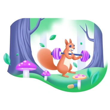 A woodland scene featuring a squirrel performing a dumbbell bent over row using two acorns as weights. The squirrel is positioned in a focused stance, with its back straight and one arm extended while holding an acorn. Surrounding the squirrel are various green leaves and colorful mushrooms, adding depth to the forest environment. The background includes tall trees with textured bark and patches of soft moss underfoot. The scene is brightened by dappled sunlight filtering through the foliage above.