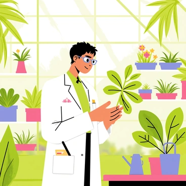 A botanist with glasses is closely examining a rare plant specimen held in their hands inside a lush greenhouse. The greenhouse is filled with various green plants and colorful flowers, with sunlight pouring through the glass panels above. The botanist is wearing a white lab coat and has a notepad and pen in their pocket. Shelves filled with potted plants line the walls, and a watering can is visible on a nearby table. The atmosphere is vibrant and filled with greenery.