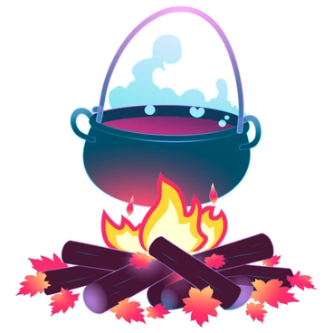 A large, black cauldron with a shiny, reflective surface is hanging over a roaring autumn bonfire. The flames are bright orange and yellow, casting flickering shadows on the ground. The cauldron is bubbling with a thick, dark liquid that emits wisps of steam. Surrounding the bonfire is a carpet of vibrant, fallen leaves in various shades of red, orange, and brown. The scene is illuminated by the warm glow of the fire, creating a cozy, inviting atmosphere.