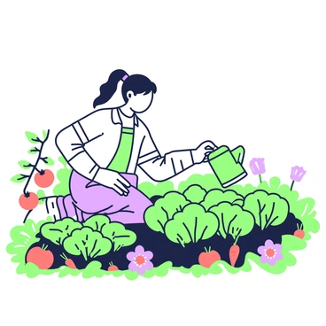 A woman is kneeling in a lush vegetable garden, surrounded by various plants and vegetables. She has long hair tied back and is wearing a light shirt and gardening gloves. In her right hand, she holds a watering can, tilted slightly as she waters a row of vibrant green plants. To her left, there are ripe tomatoes growing on the vine, while on her right, rows of leafy spinach and carrots are emerging from the rich soil. The garden is bordered by colorful flowers, adding texture and detail to the scene.
