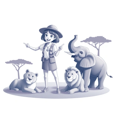 A cartoon girl wearing a safari outfit, including a wide-brimmed hat and binoculars around her neck, stands confidently on a grassy plain. She is surrounded by several exotic animals, including a large elephant with prominent tusks and a playful lion lounging nearby. The girl is smiling, pointing towards the lion, while the elephant raises its trunk as if greeting her. In the background, there are acacia trees dotting the landscape, enhancing the safari atmosphere.