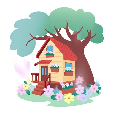 A tiny house is nestled at the base of a large, sturdy tree, with its wooden structure blending harmoniously into the natural surroundings. The house has a small porch with a wooden railing, and multiple windows are adorned with flower boxes overflowing with vibrant blooms. Surrounding the house, a variety of colorful flowers in full bloom create a lively garden, with shades of pink, yellow, and purple. The sunlight filters through the tree branches, casting gentle shadows on the ground, enhancing the cheerful atmosphere of the scene.