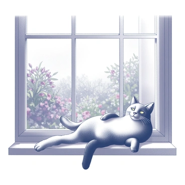 A cat lounging lazily on a window sill. The cat is positioned comfortably, with its body relaxed and sprawled out, enjoying the warmth of the sun. The window frame has several panes, and outside, a lush garden is visible, filled with various plants and flowers. The garden features a mix of shrubs and blooms, creating a vibrant scene that contrasts with the interior setting. The soft light from the sun casts gentle shadows on the window sill, enhancing the overall tranquil atmosphere.
