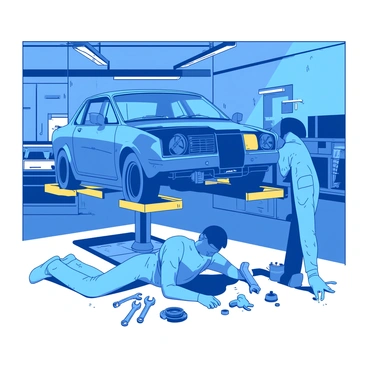 A blue mechanic with short hair is lying on a yellow creeper tray under a car, focused on repairing the engine. The car is elevated on a yellow hydraulic lift, exposing its undercarriage. Tools are scattered around the mechanic, including wrenches and sockets, some of which are placed on a nearby workbench. The garage is busy, with other mechanics working on various cars, and the walls are lined with tool racks and equipment. Bright overhead lights illuminate the space, casting clear shadows on the floor.