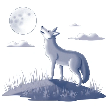 A coyote is positioned on top of a small, grassy hill in the prairie. The coyote has a slender body with a bushy tail and large ears that are perked up. Its mouth is open, emitting a howl towards the bright, full moon that shines down. The moon is prominently displayed in the night sky, surrounded by a few scattered clouds that add texture to the scene. The prairie grass sways gently in the night breeze, creating a dynamic yet peaceful atmosphere.