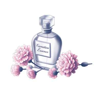 A perfume bottle with an elegant shape sits prominently in the center of the image. The bottle is glass with a decorative stopper, and it is labeled with the words "Carnation Essence" in an ornate font. Surrounding the bottle are several pink carnations, their blossoms open and full, with delicate petals that create a soft texture. The flowers are arranged naturally, some leaning towards the bottle, while others rest gently on the surface, adding depth to the composition. The background is simple, ensuring the focus remains on the perfume bottle and the floral arrangement.