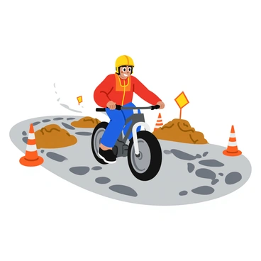 A biker navigating through a construction zone with loose gravel
