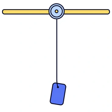 A simple pulley system is depicted with a single overhead pulley made of metal. The pulley is mounted on a wooden beam. Attached to the pulley is a rope that is visibly stretched. The other end of the rope is connected to a rectangular weight hanging below the pulley. The weight is shown resting slightly above the ground, indicating it is in the process of being lifted. The scene is clear, emphasizing the mechanics of the pulley system.