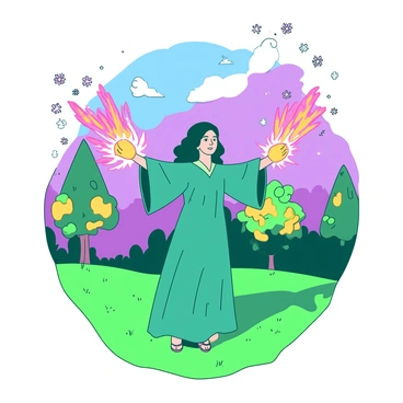 A teal-clad figure named "Meg" stands in a lush green meadow, with her arms outstretched as she casts spells to change the seasons. Colorful effects swirl around her, creating visual representations of spring flowers, summer sun, autumn leaves, and winter snowflakes. Vibrant bursts of orange and pink energy radiate from her fingertips, illuminating the scene. In the background, trees transition from green to yellow, showcasing the seasonal changes she is conjuring. The sky above shifts from a clear blue to a soft purple sunset, reflecting the magic in the air.