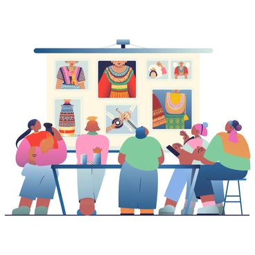 A cultural presentation is taking place in a well-lit room. The focus is on a large screen displaying a series of slides. Each slide features intricate traditional costumes from various cultures, showcasing vibrant colors and detailed patterns. In addition to the costumes, artifacts such as ornate jewelry, handcrafted pottery, and musical instruments are visible on the slides, each item highlighted for clarity. The audience, seated in rows, appears engaged, with some individuals taking notes while others admire the visuals. A table in the foreground holds a few physical artifacts displayed for closer examination, adding a tactile element to the presentation.