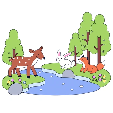 A group of woodland creatures is gathered by a sparkling stream. There is a gentle brown deer with white spots standing near the water's edge. A fluffy white rabbit with long ears sits beside a smooth rock, while a curious orange fox watches from a nearby patch of grass. The stream flows with clear, blue water, and small pebbles are visible beneath the surface. Surrounding the scene are tall green trees with lush leaves and clusters of colorful wildflowers dotting the landscape.