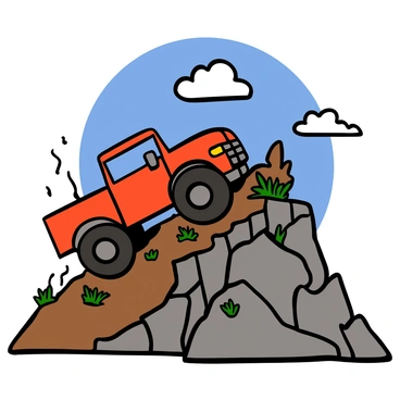 A powerful truck with a glossy red paint job is climbing a steep, rocky mountain trail. The truck has large, rugged tires and a strong front grille. Dust is being kicked up from the ground as it ascends, showing its traction and power. The mountain trail is surrounded by jagged rocks and sparse vegetation, with some patches of green grass. Above, there is a clear blue sky with a few fluffy white clouds, adding to the bright atmosphere of the scene.