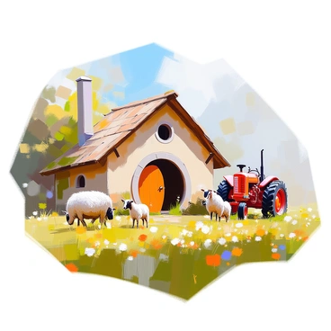 A quaint hobbit barn with a rounded, wooden door and thatched roof, nestled in a lush, green meadow. The barn's warm, earthy tones contrast with the vibrant greenery surrounding it. Nearby, several animals are grazing, including a fluffy white sheep and a couple of goats with mottled brown and white fur. In the background, an old, weathered tractor sits quietly among the wildflowers, its bright red color standing out against the landscape. The scene is filled with the tranquil beauty of rural life, characterized by soft, diffuse light.