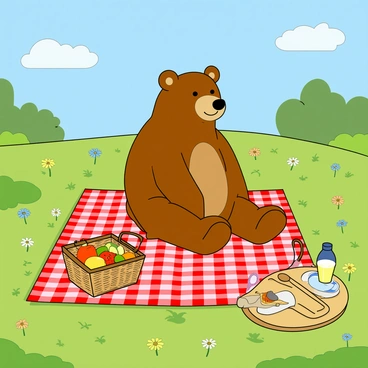 A large brown bear is sitting on a vibrant red-checkered picnic blanket spread across a sunlit meadow filled with green grass and colorful wildflowers. The bear has a friendly expression, with its eyes wide open and a slight smile. Around the bear, there are various picnic items, including a wicker basket filled with fruits and snacks, a bottle of lemonade, and a few plates. The sky above is blue with a few fluffy white clouds, and the warm sun casts soft shadows on the ground. In the background, there are a few trees scattered, adding to the cheerful outdoor scene.