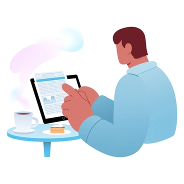 A person is sitting at a small café table, focused on reading the digital edition of a newspaper displayed on a tablet. The tablet is resting on the table, with the screen brightly illuminated, showcasing various articles and images. The person has short hair and is wearing a cozy sweater. A steaming cup of coffee is placed beside the tablet, and a slice of cake on a small plate is visible on the table. The background features soft, gradient pastel colors that create a warm and inviting atmosphere.