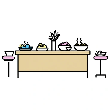 A kitchen island, featuring a wooden countertop, is set up as a buffet for a family gathering. On the island, there are various dishes displayed, including a large bowl of colorful salad, a steaming casserole dish, and a platter of roasted vegetables. There are also several smaller bowls filled with dips and sauces. A stack of white plates is neatly arranged at one end of the island, along with a set of utensils. In the background, there are two barstools along the side of the island, and a vase with fresh flowers sits at the center, completing the inviting setup.