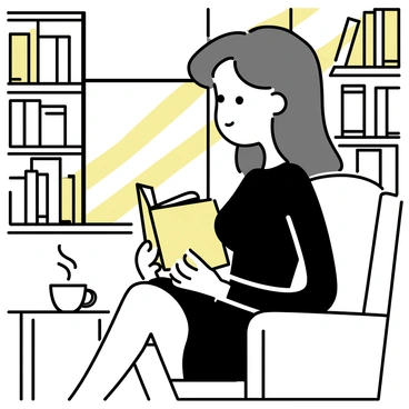 A woman with long, straight hair, wearing a form-fitting black dress, is sitting comfortably in a cozy library. She is focused on reading a book held in her hands. The sunlight filters through the large windows, casting warm, golden rays across the wooden bookshelves filled with various books. A plush armchair supports her as she leans slightly into the book. A small wooden table beside her holds a steaming cup of tea and a pair of reading glasses.